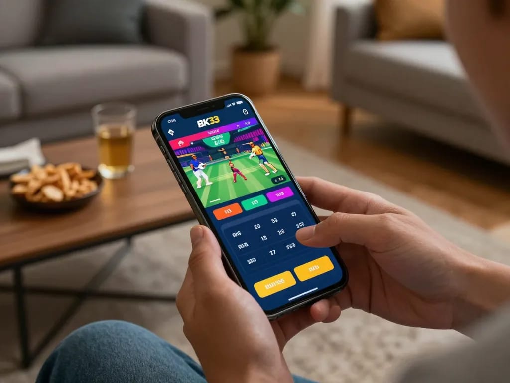 Engaging mobile betting on BK33 app showcasing live cricket odds in a cozy setting.