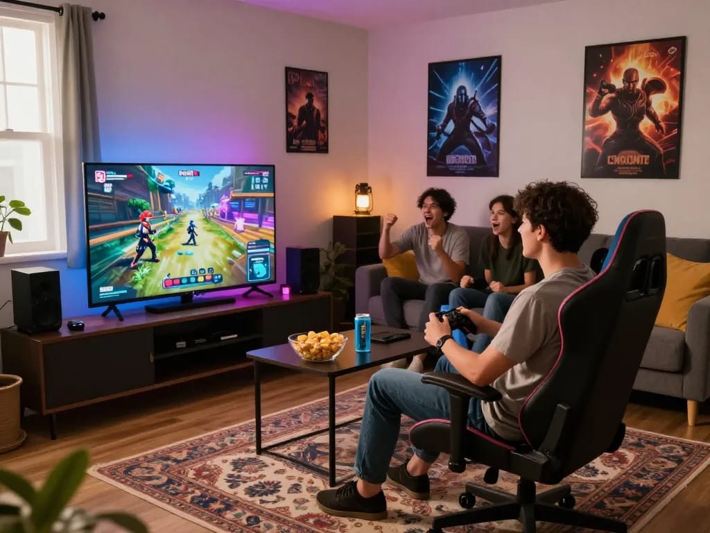 Engaged player enjoying Empire99 in a cozy gaming room with snacks and friends.