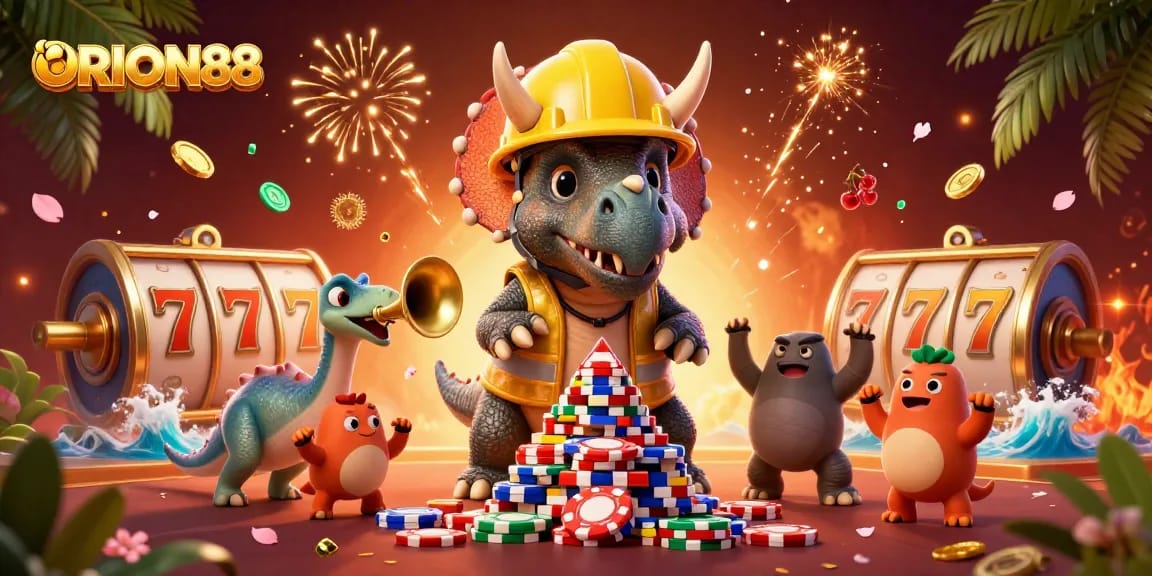 Experience the thrill of ORION88 with vibrant casino elements and animated characters celebrating wins.