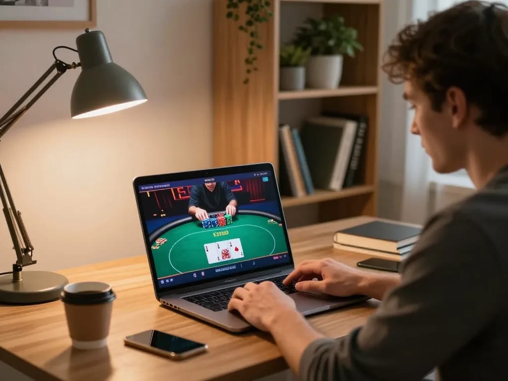 uu88 player strategizing in a modern home office during online poker game