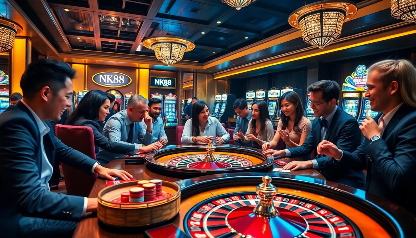 NK88 players enjoying vibrant casino games with poker chips and roulette wheels.