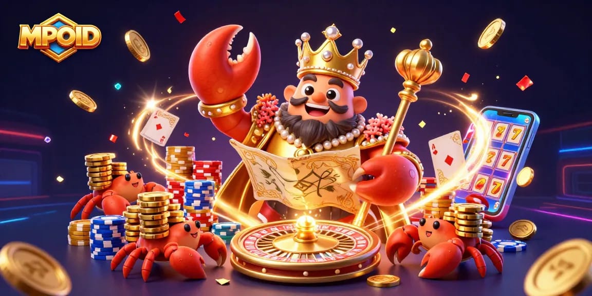 MPOID players experience thrilling moments with a charismatic crab emperor amid treasures and a spinning roulette wheel.