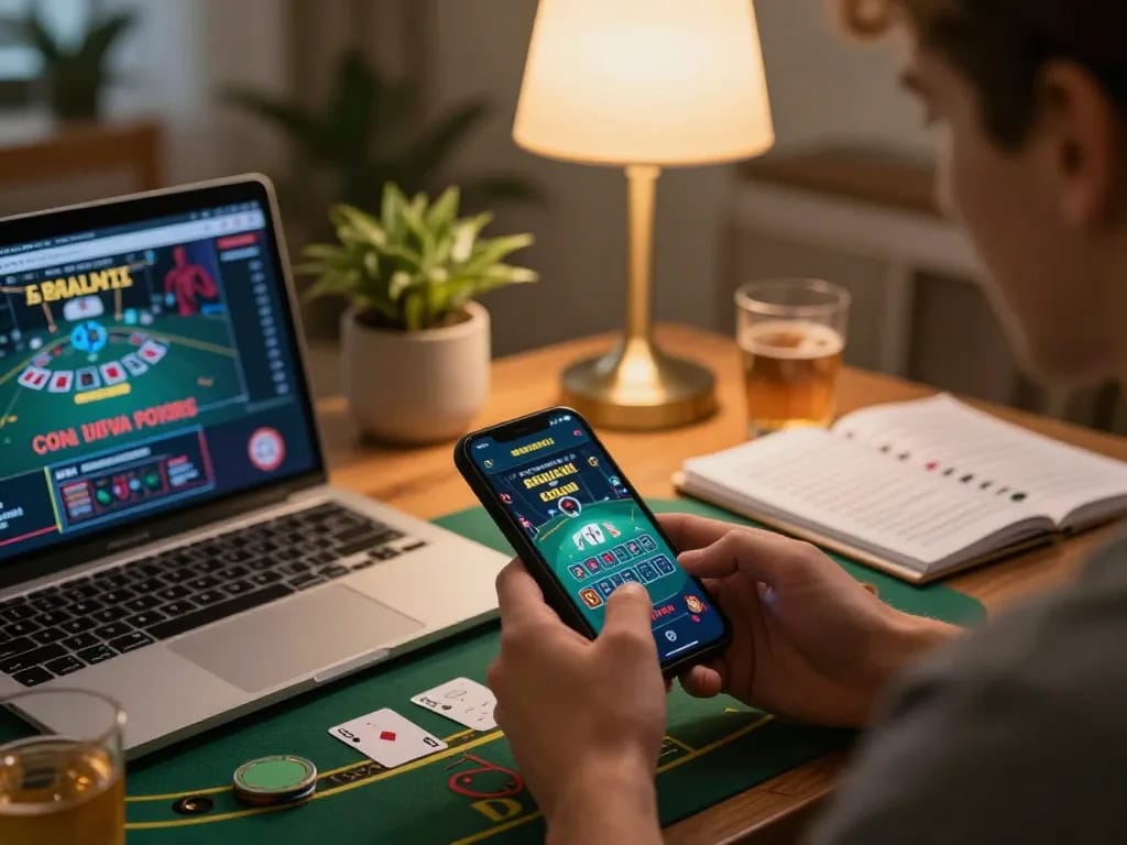 Player enjoying au88 gaming on smartphone in cozy home setting with ambient lighting.