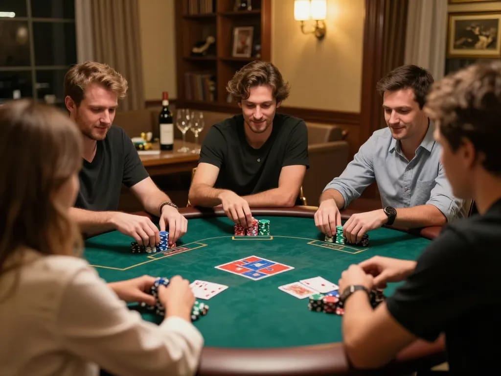 Players strategizing in a friendly poker game at home with MM99 chips, showcasing excitement and camaraderie