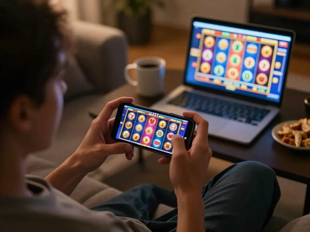 Playing a vibrant slot game on a smartphone, showcasing agenslot188 excitement at home