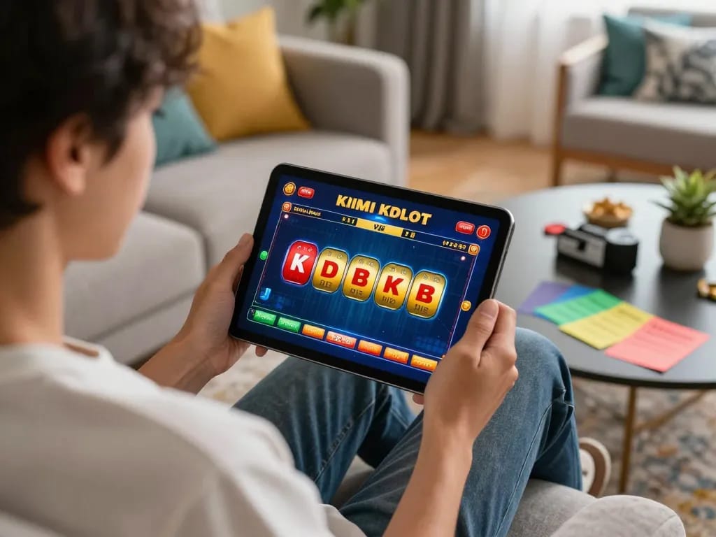 Engaged player interacting with kdslot game on tablet, cozy home environment emphasizing responsible online gambling.
