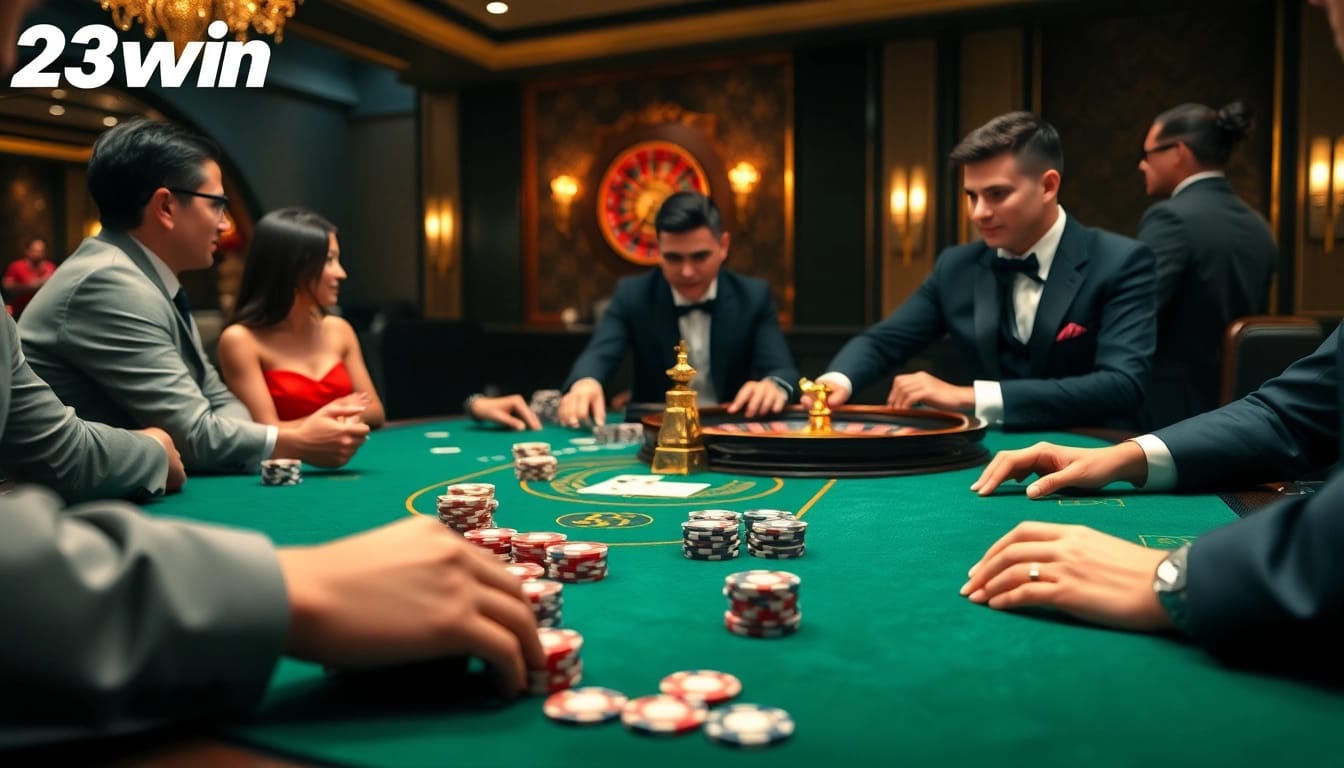 Experience the excitement of 23win with a luxurious poker scene showcasing thrilling gameplay.