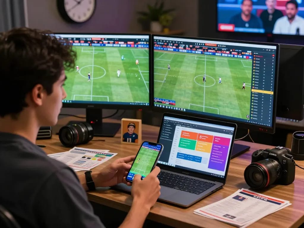 Exciting Judi Bola betting scene with active bettor analyzing live odds and predictions.