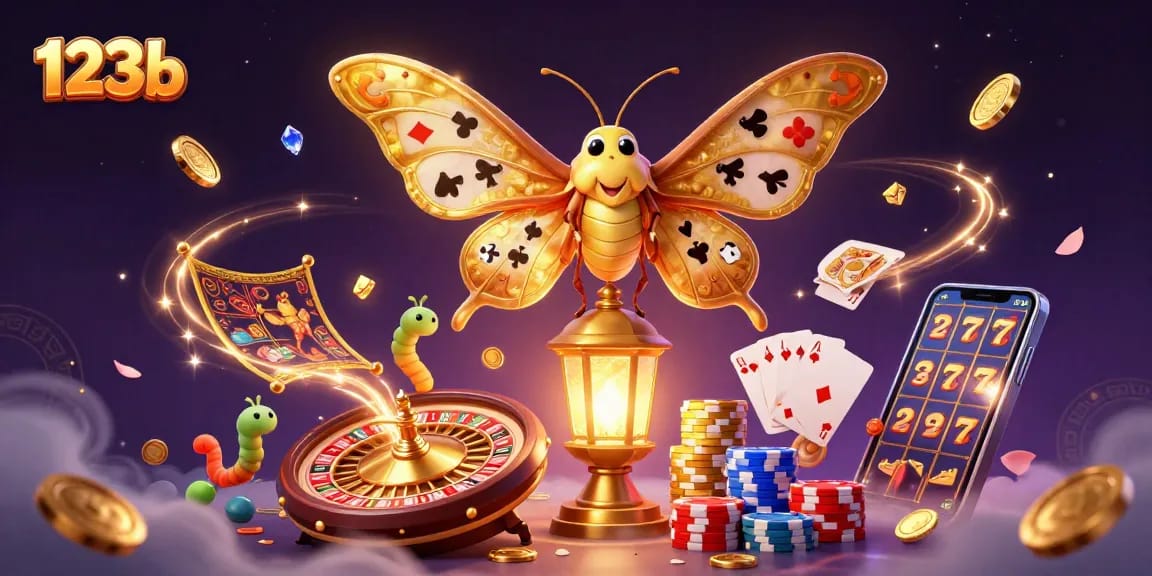 Play and win at 123b with vibrant casino elements featuring card suits and neon lights.