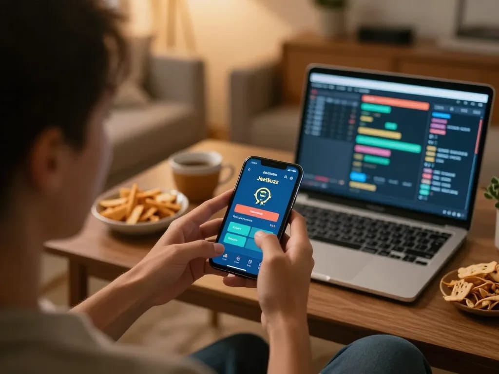 Experience mobile gaming excitement with the Jeetbuzz App on a smartphone in a cozy home setting