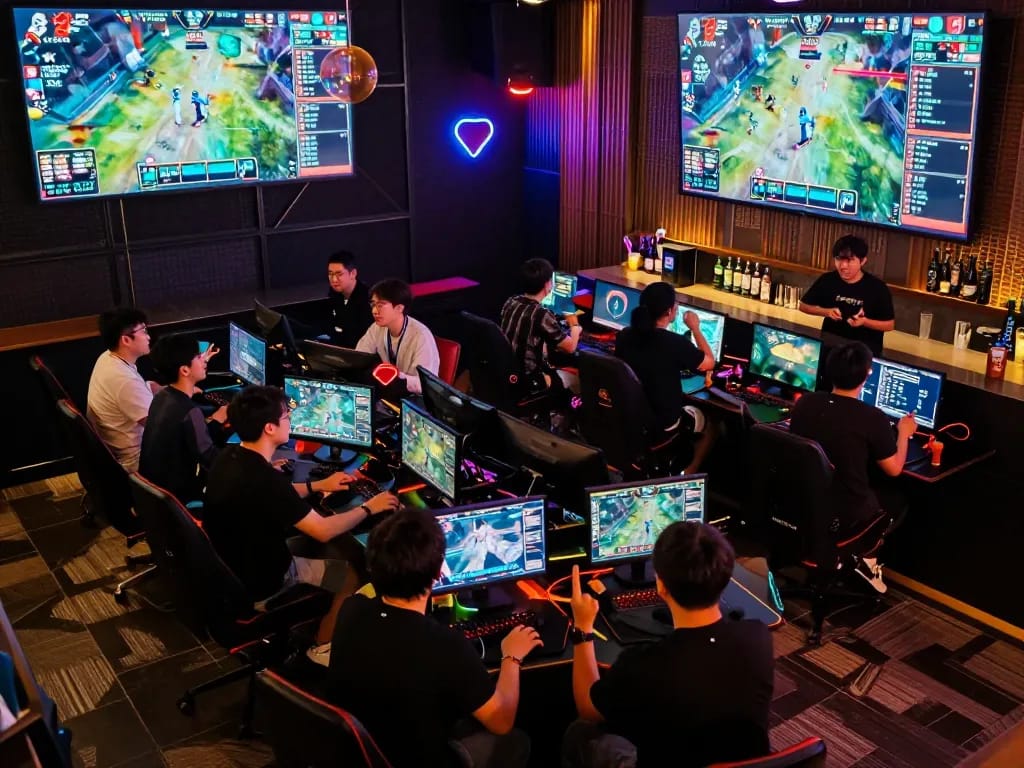 Esport betting Singapore enthusiasts placing bets during live matches in a vibrant esports venue.