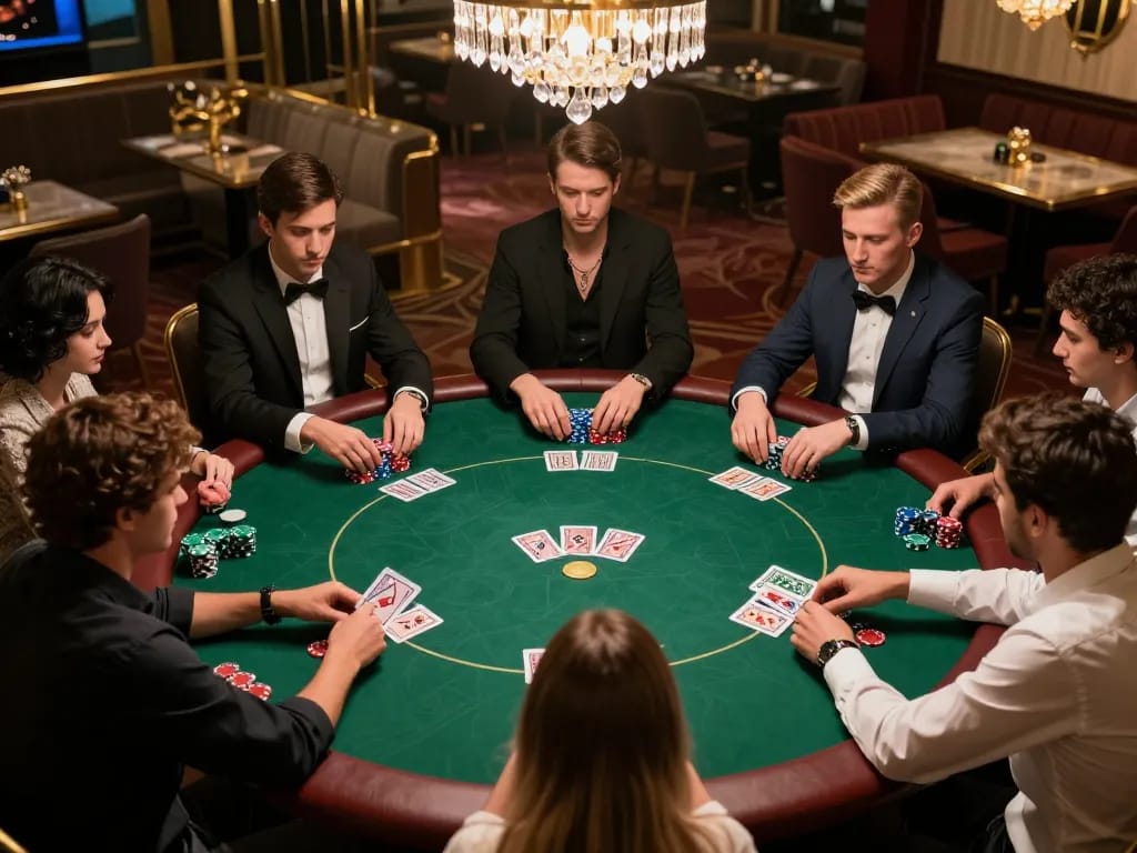 Players strategizing at rr88l1 com poker game, vibrant chips and cards in action.