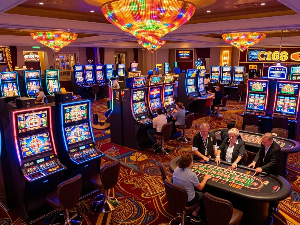 C168 players engaging with vibrant slot machines and roulette tables in a luxurious casino setting