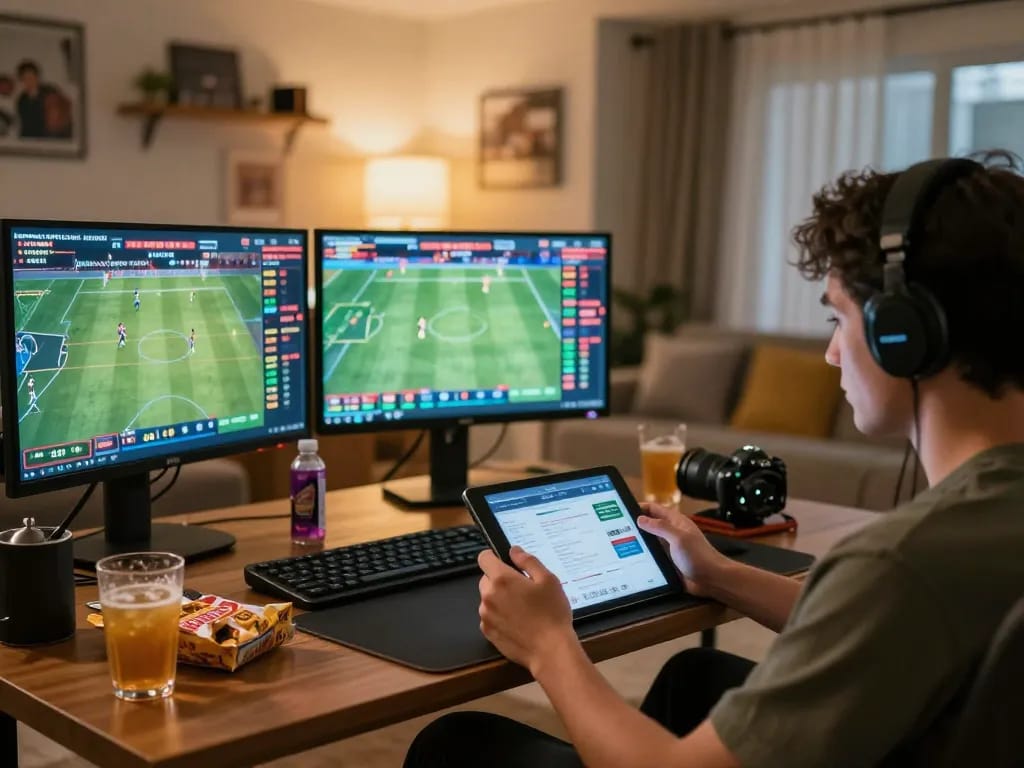 Engaging online sports betting scene with mposport displayed on tablet, showcasing live odds features and dynamic atmosphere