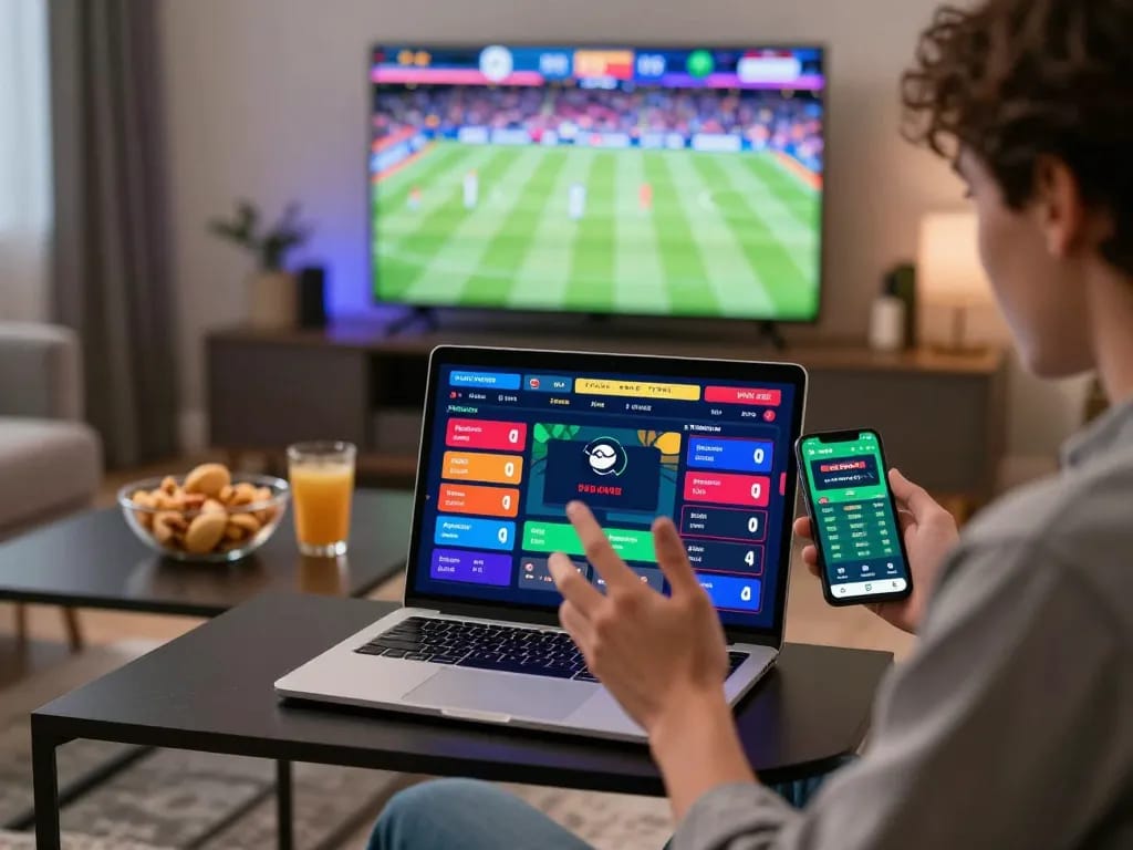 Excited individual engaging with bl555 betting platform during a live sports event at home.