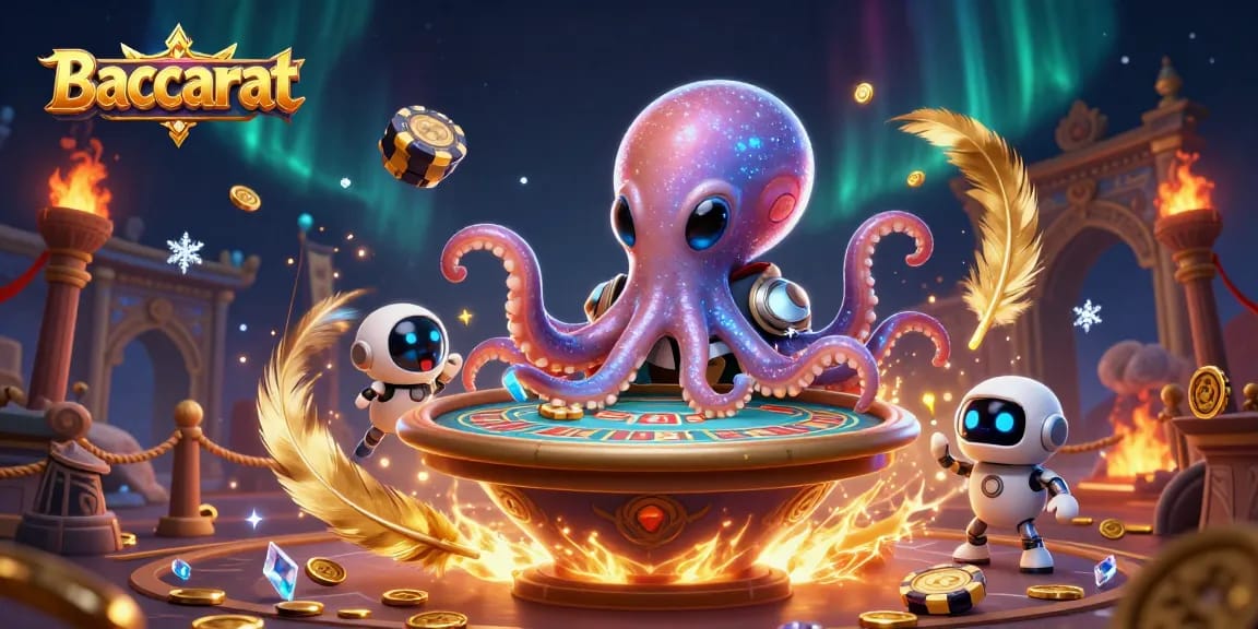 Baccarat gameplay illustration featuring a holographic table operated by an alien in space.