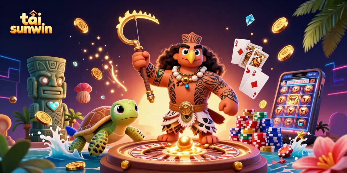Experience the thrill of tải sunwin with a vibrant scene of Polynesian characters and dynamic casino elements.