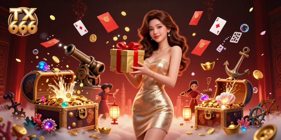Engage with TX 666 at a festive Lunar New Year-themed casino, showcasing vibrant game elements and characters.