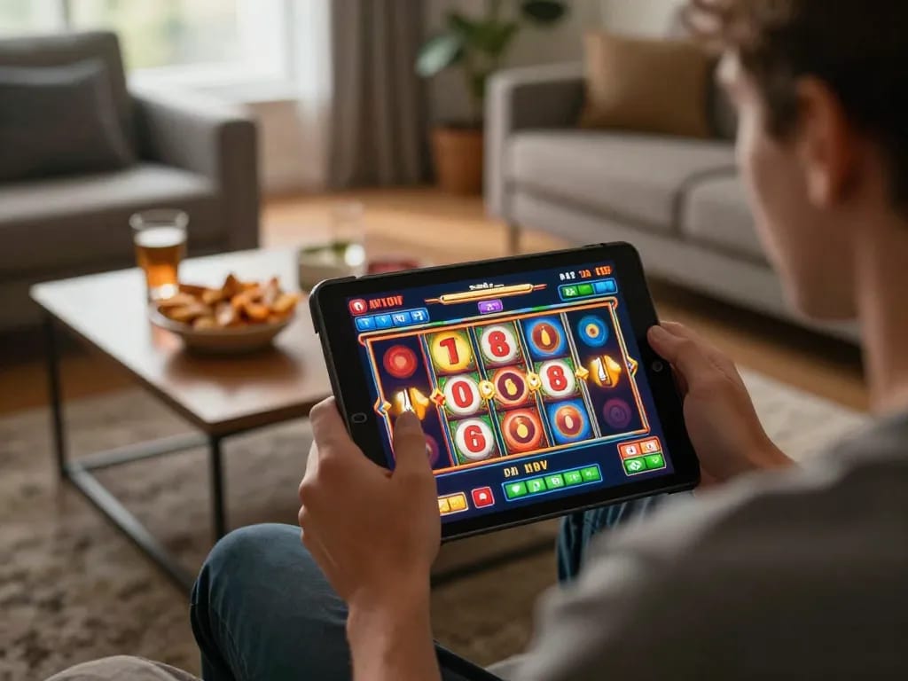 Play exciting slots at Fokus777 on a tablet in a cozy home environment.