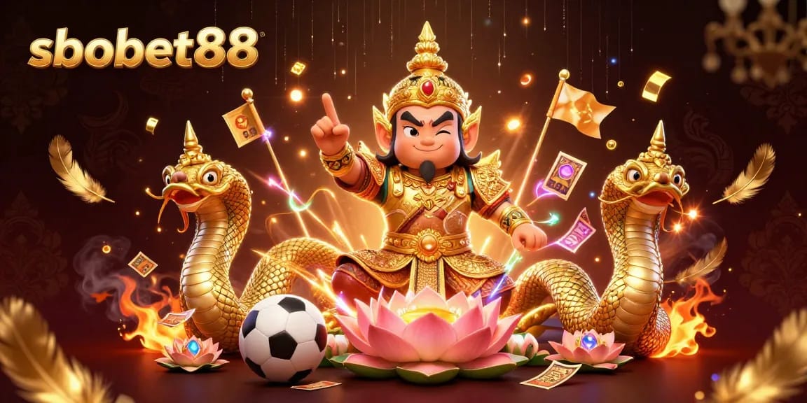 Sbobet88 showcases vibrant action with a temple guardian, Naga serpents, and sports betting elements in a stunning 3D scene.