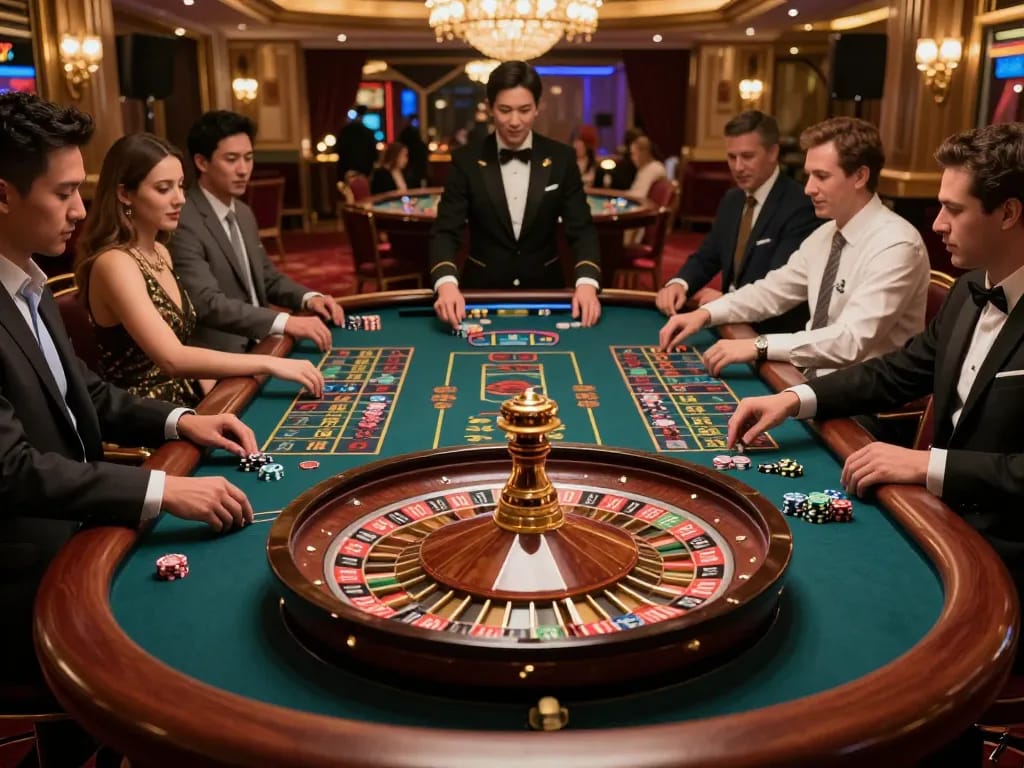 Players at MM88 casino eagerly betting at a roulette table, showcasing a thrilling gaming moment