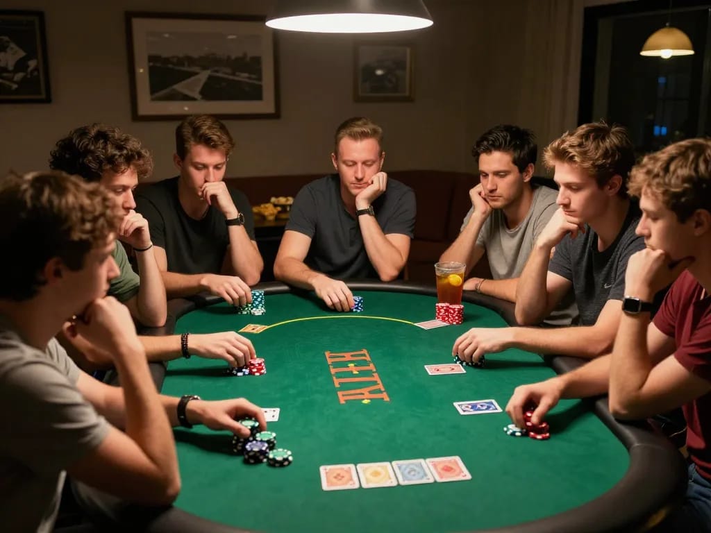 Players at a home poker night strategizing their bets at https://xx88.video/ for an exciting card game atmosphere.