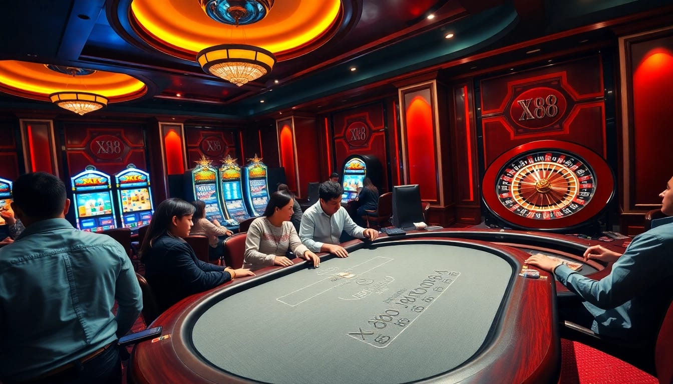 Engaging gamblers at a luxurious XX88 poker table combined with vibrant casino elements.
