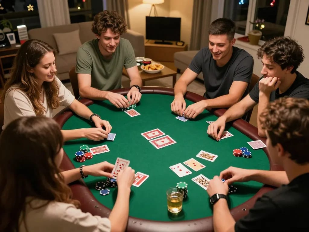 Friends enjoying a lively poker night at home, showcasing 8xbet gaming excitement and social interaction.