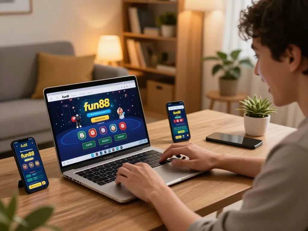 Fun88 user engaging in online betting during a home gaming session with laptop and mobile app.