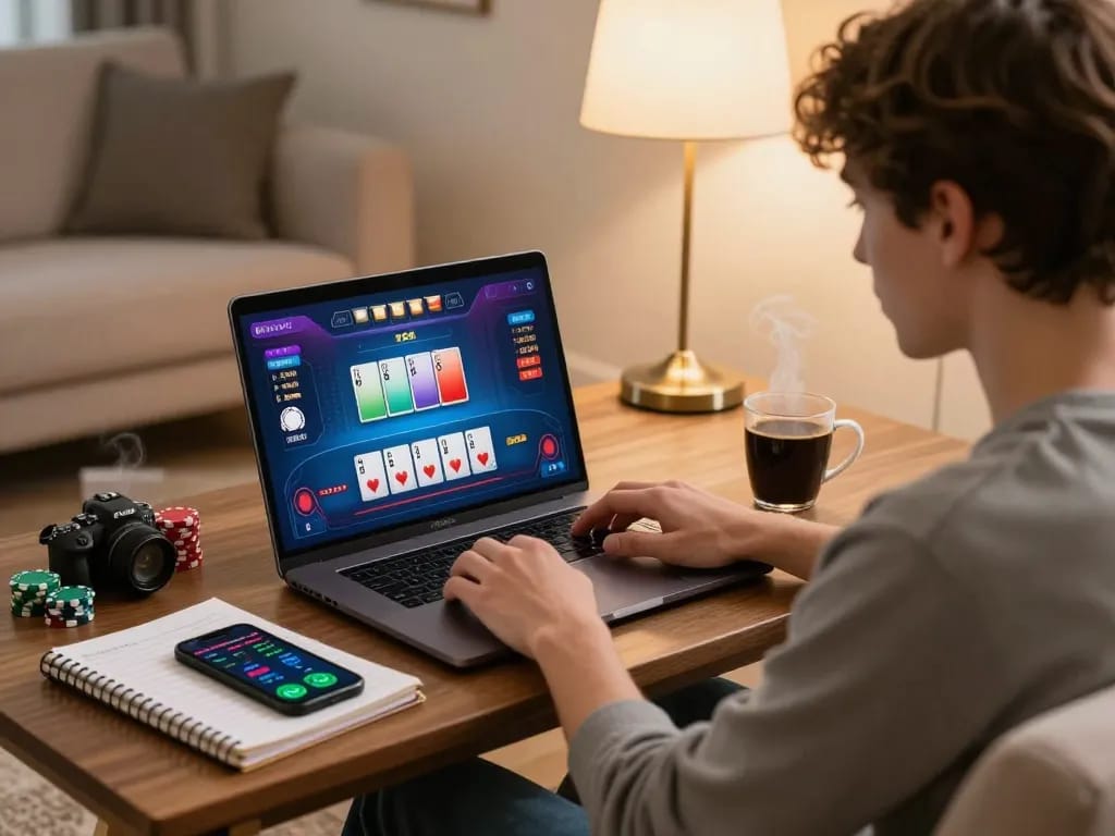 Engaged user playing poker at home on uu88 platform with strategic notes nearby