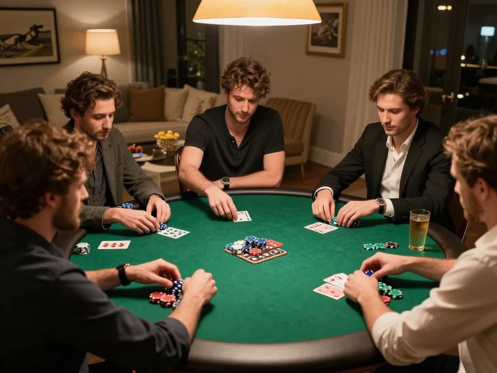 Win678 players enjoying a strategic poker game at home with vibrant chips and cards visible.