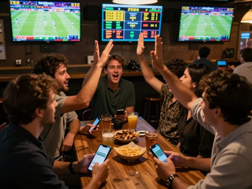 Engaging with the okwin game at a bustling sports bar, showcasing live betting excitement.