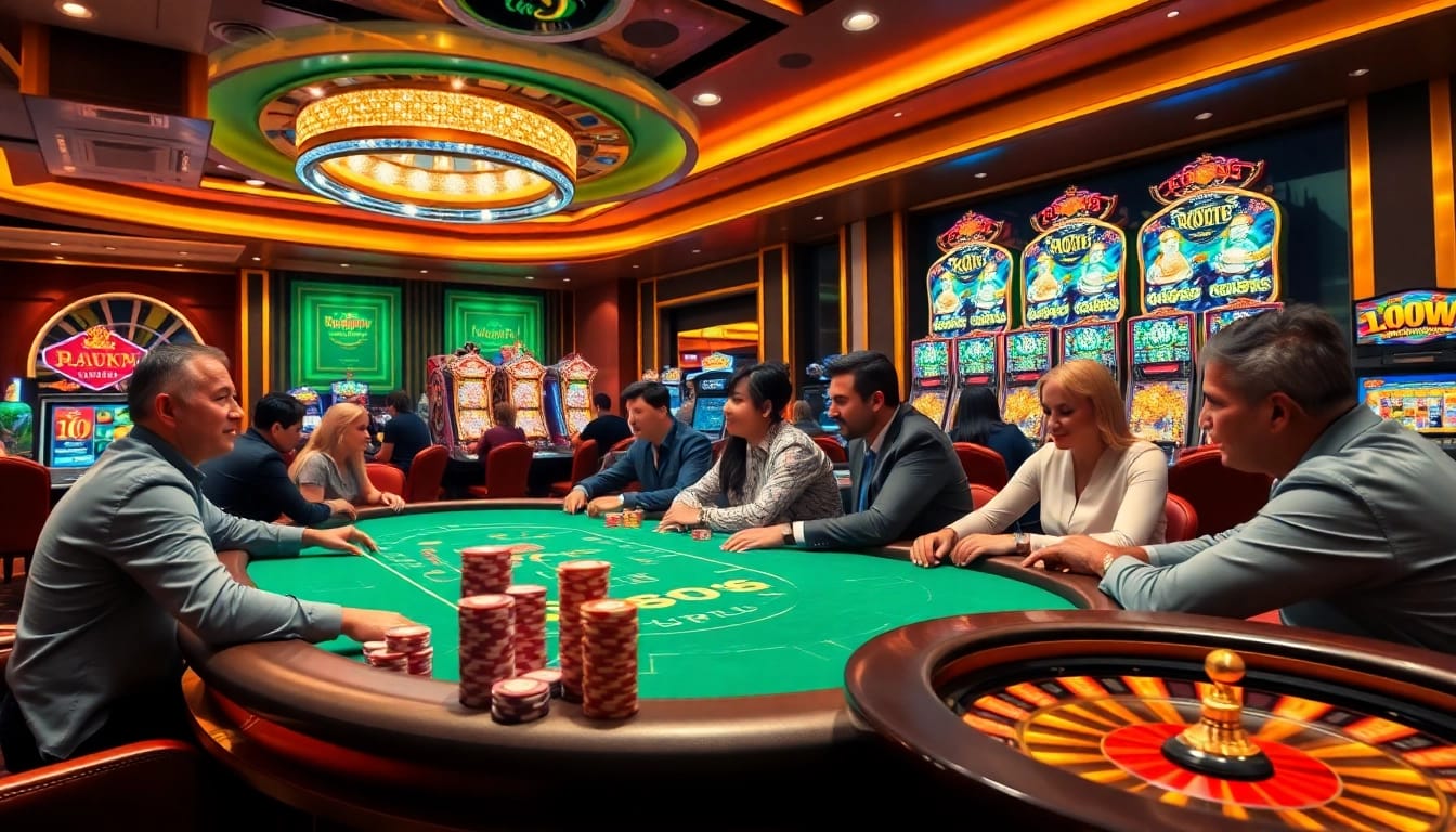 Rikvip gaming scene with poker tables, chips, and vibrant slot machines.