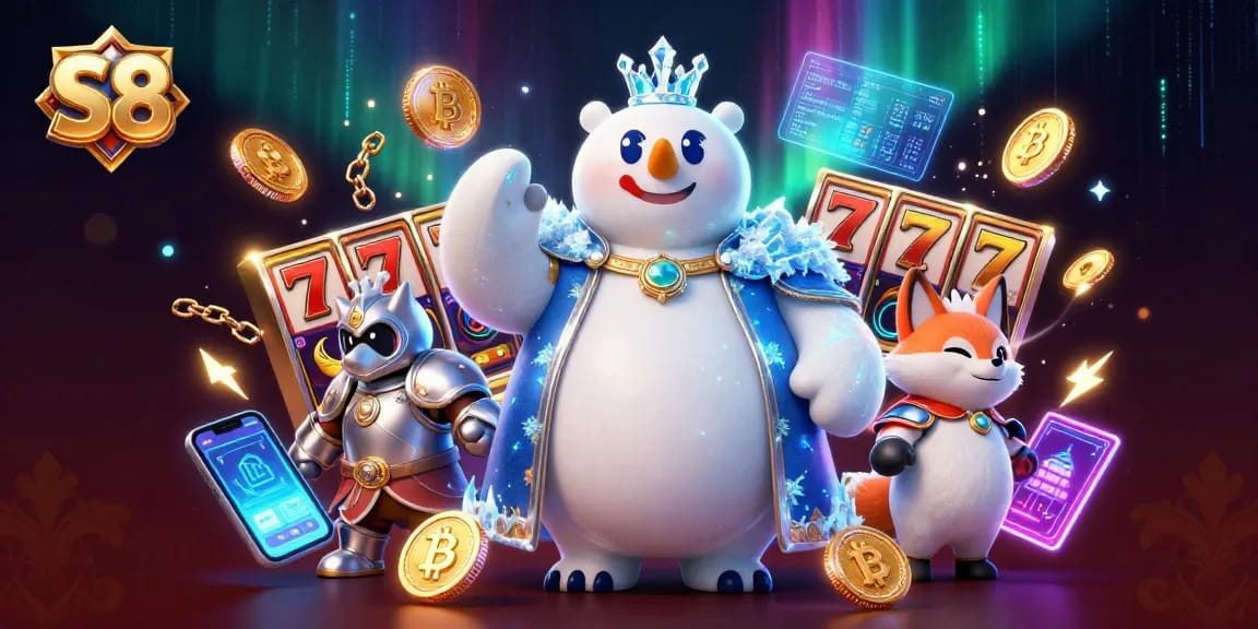 S8 casino scene celebrating jackpots with cartoon characters and vibrant slot game elements.