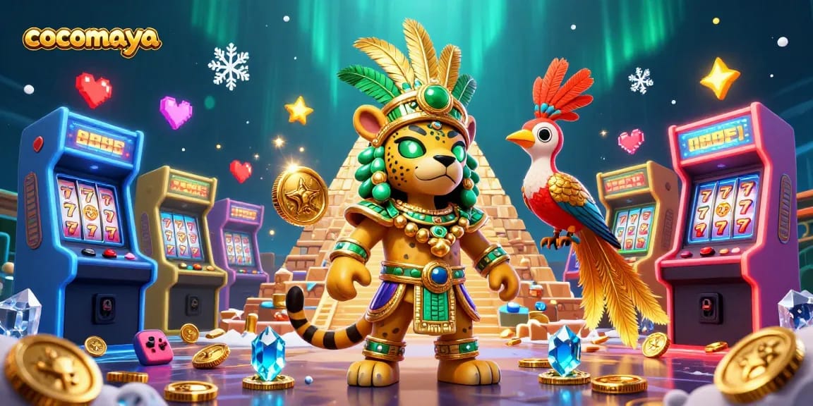 Engage with cocomaya's colorful interactive casino gaming scene featuring dynamic Mayan characters and vibrant slot elements.