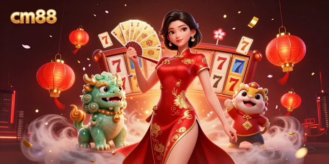 spin to win at cm88 with a lavish display of slot symbols and vibrant lanterns illuminating the scene