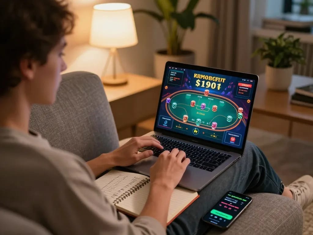 Person engaged in online poker gameplay at home, highlighting legendelectricnd strategies for responsible betting.