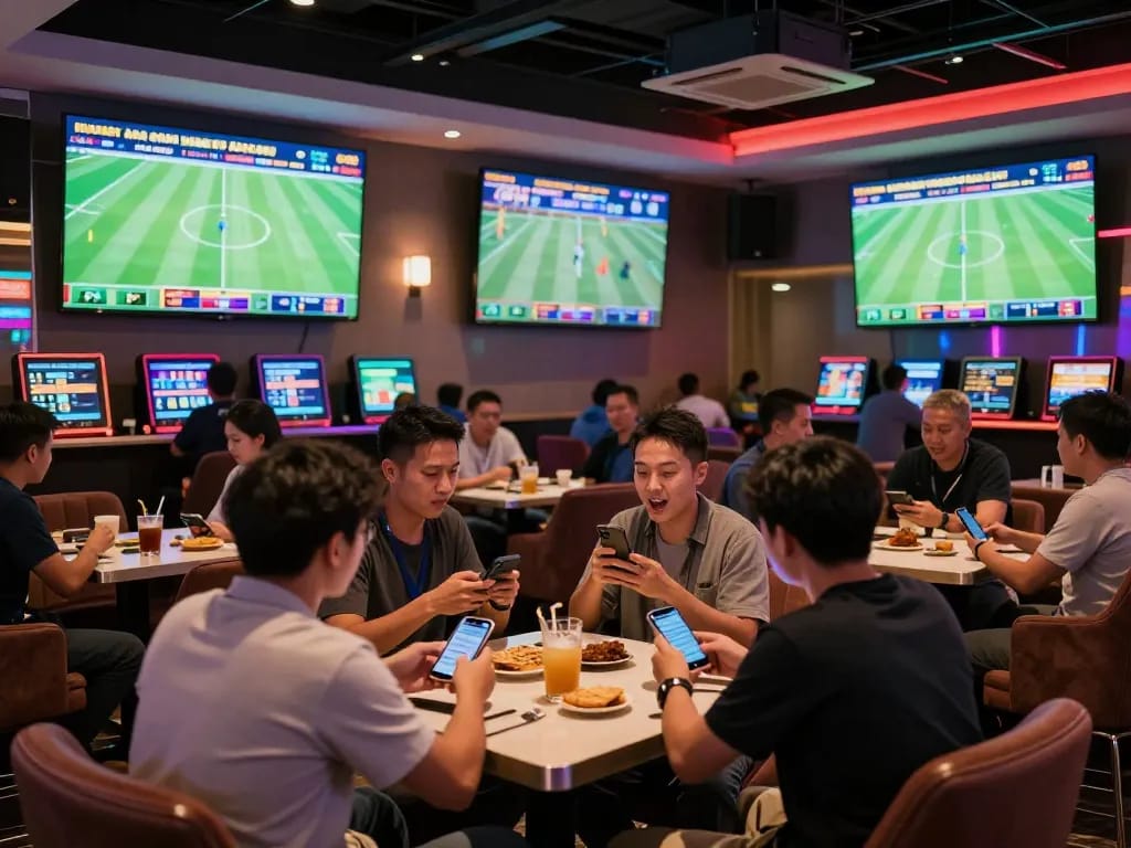 Sports fans engaging with kèo nhà cái while enjoying live football matches in a modern betting lounge.