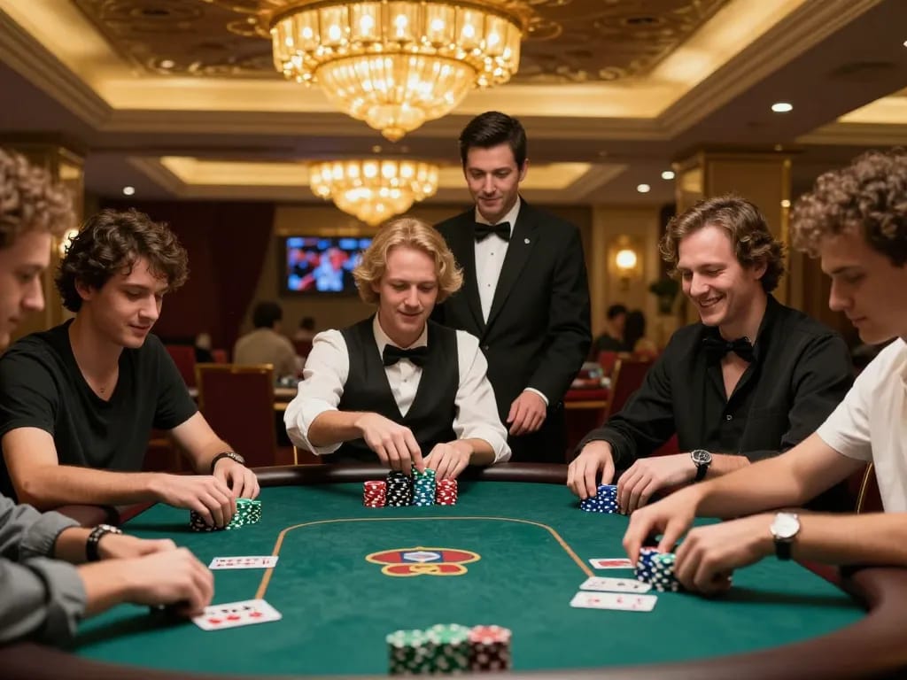 Players at LV88 poker table strategizing their next bet in an engaging casino atmosphere.