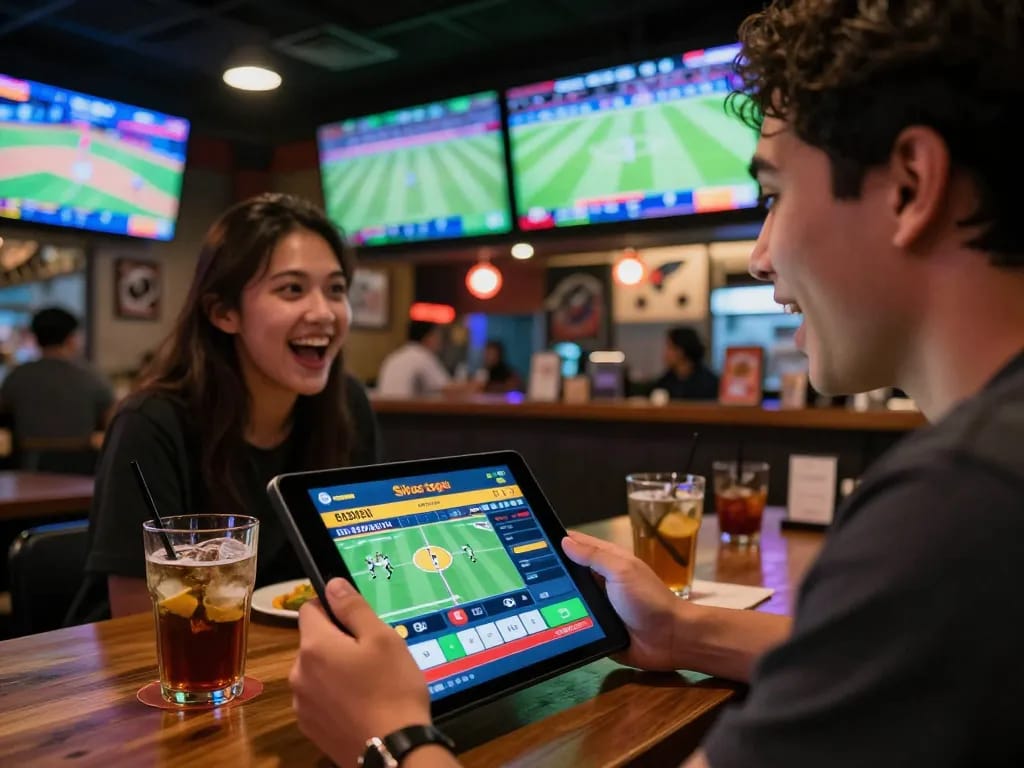 Keceriaan taruhan situs togel di bar olahraga bersama teman-teman dan layar olahraga langsung.