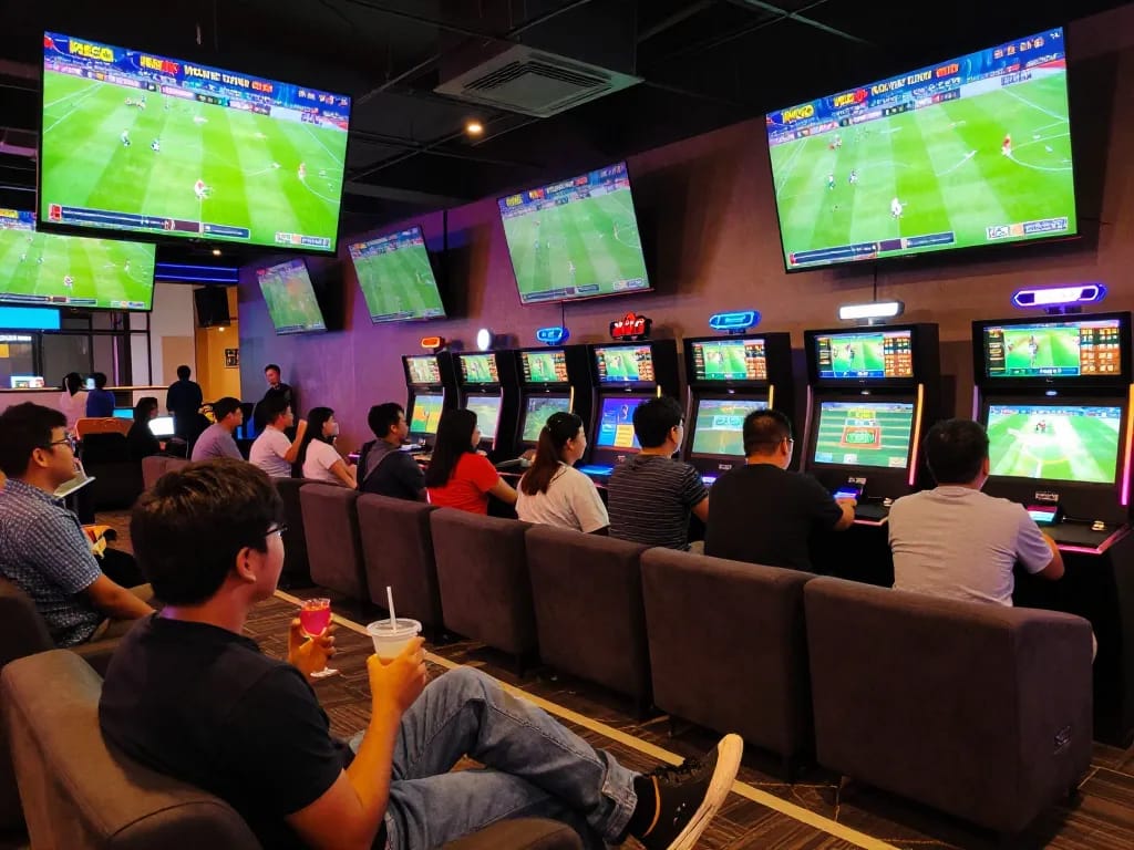 KÈO TRỰC TUYẾN sports enthusiasts placing bets in a lively lounge atmosphere.