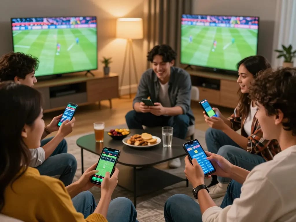 Friends engaged in sports betting on smartphones, enjoying ty le keo nha cai during a live match.