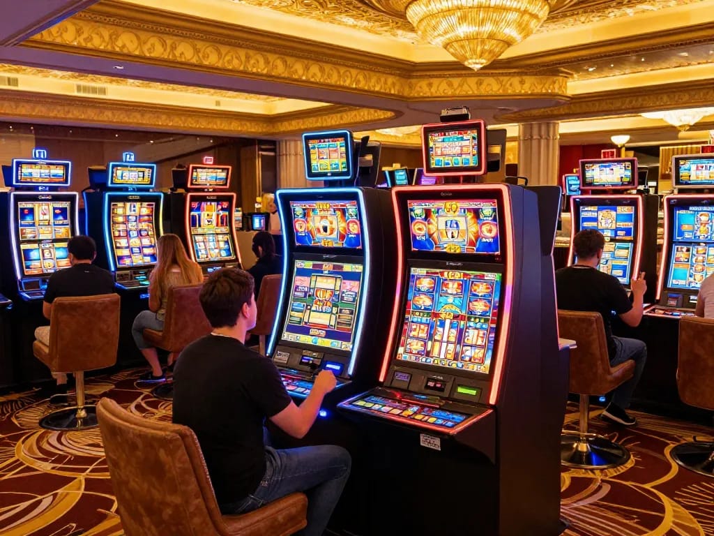 Players enjoying vibrant slot machines at nohu.com, celebrating big wins with drinks and excitement.