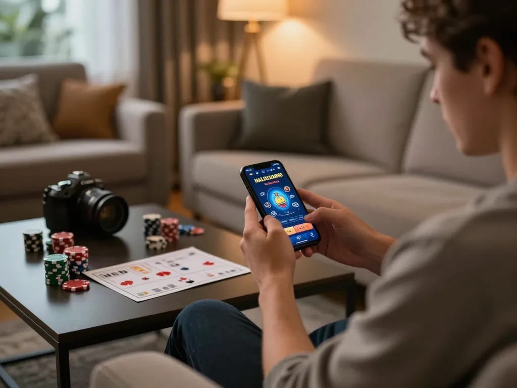 Pemain yang terlibat dalam perjudian online dengan aplikasi HALOCUAN98 di smartphone dalam suasana rumah yang nyaman.
