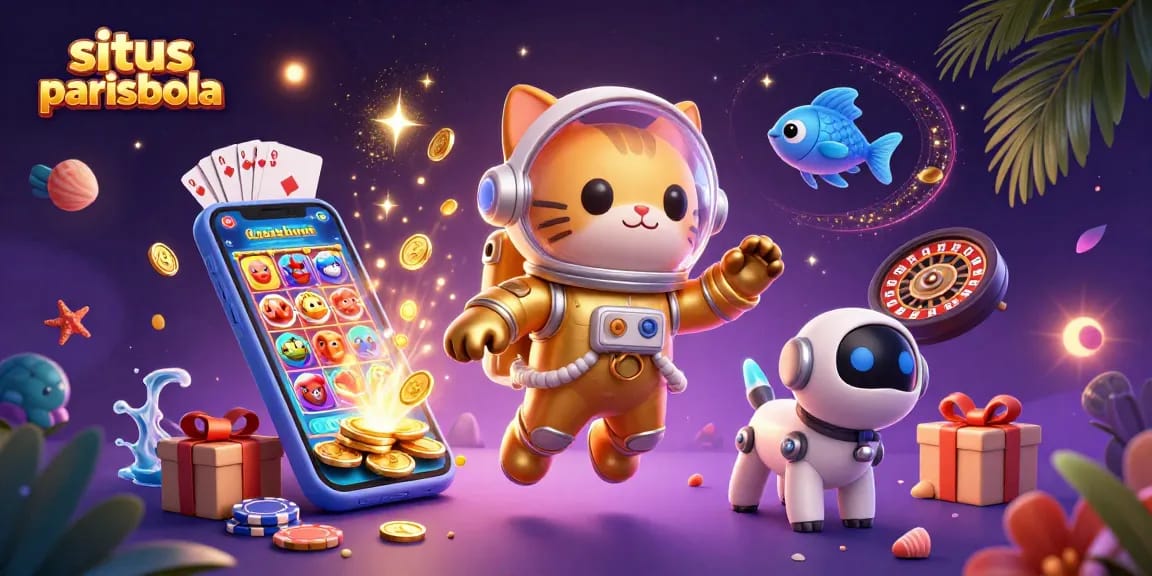 Engage in thrilling gameplay at situs parisbola with a vibrant 3D illustration of a cosmic casino adventure featuring colorful slot reels and dynamic characters.