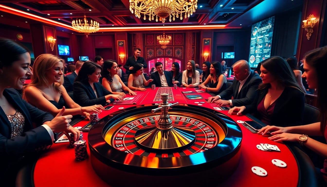 C168 GAME enthusiasts engaged in an exciting casino atmosphere, showcasing poker chips, cards, and roulette.