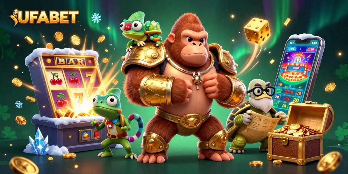 Experience UFABET's thrilling slot machine action with a vibrant 3D illustration of animated characters and jackpots.