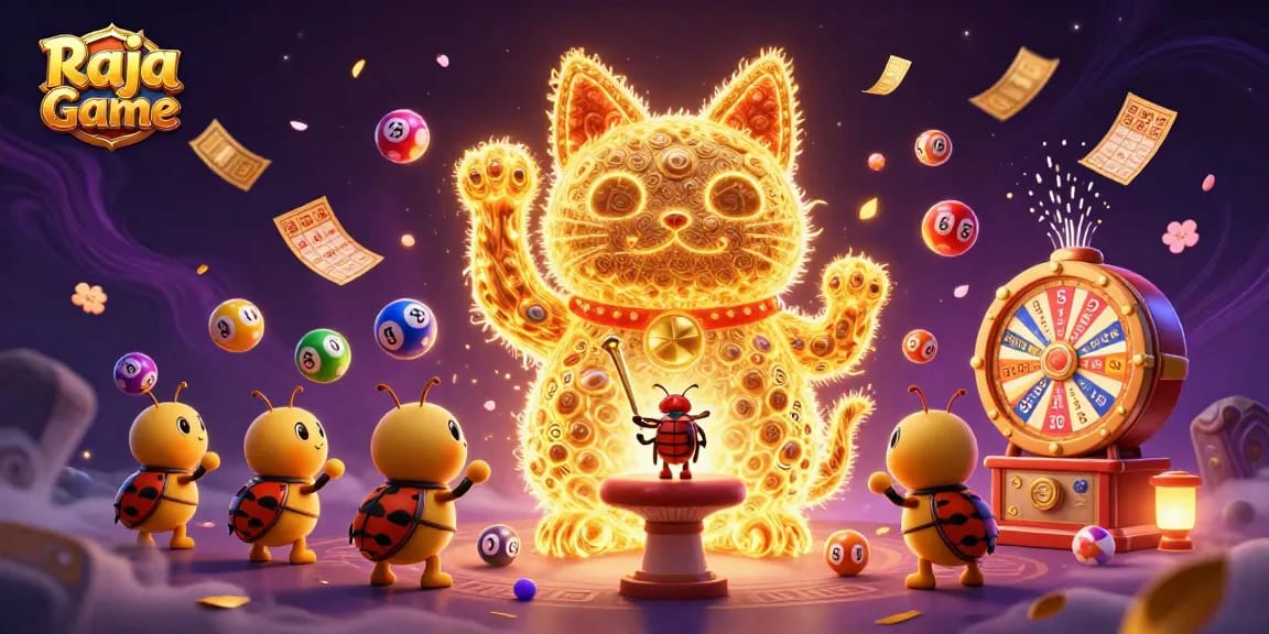 Win exciting rewards with Raja Game's dynamic lottery scene featuring colorful elements and a giant lucky cat.