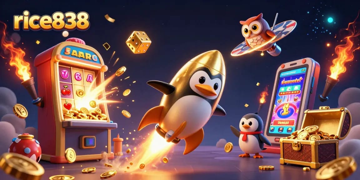 Experience thrilling action with rice838's golden penguin amidst a vibrant casino scene.