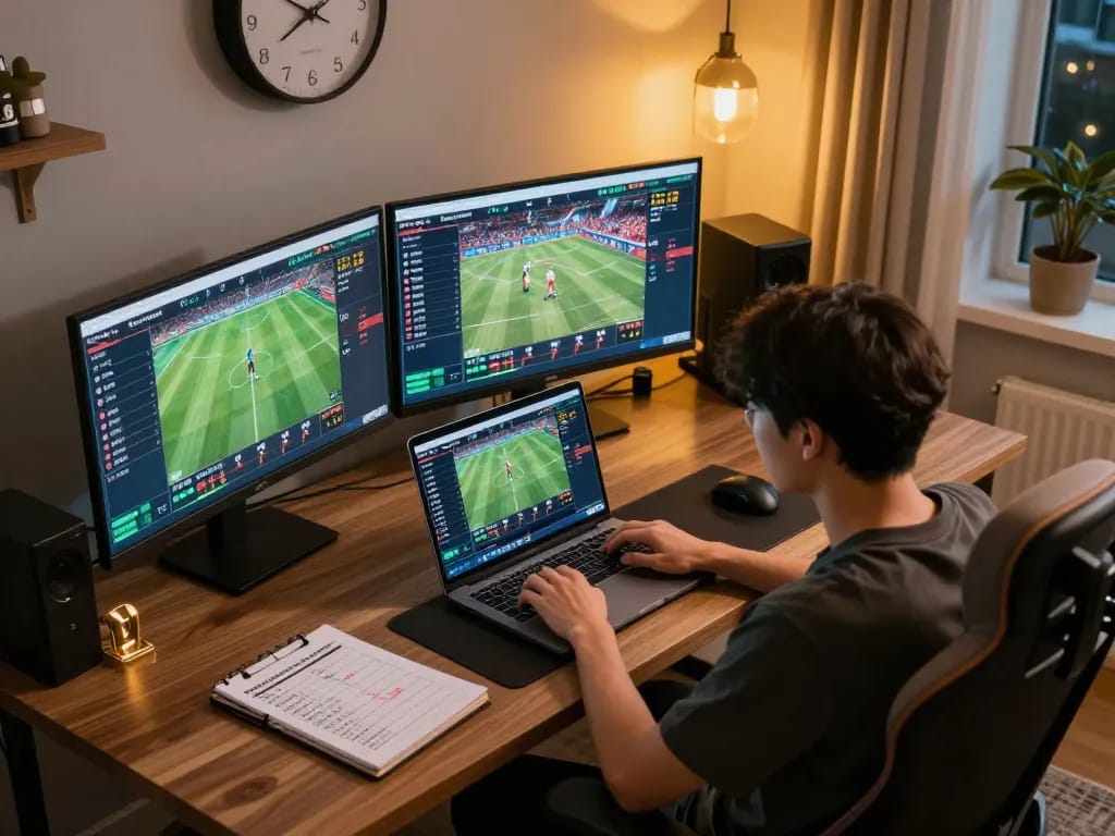Person engaging in online sports betting with m103 odds displayed on laptop, highlighting strategic gaming.